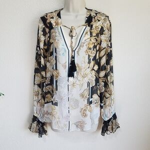 Floral Tie-Neck Sheer Blouse in Black & Cream